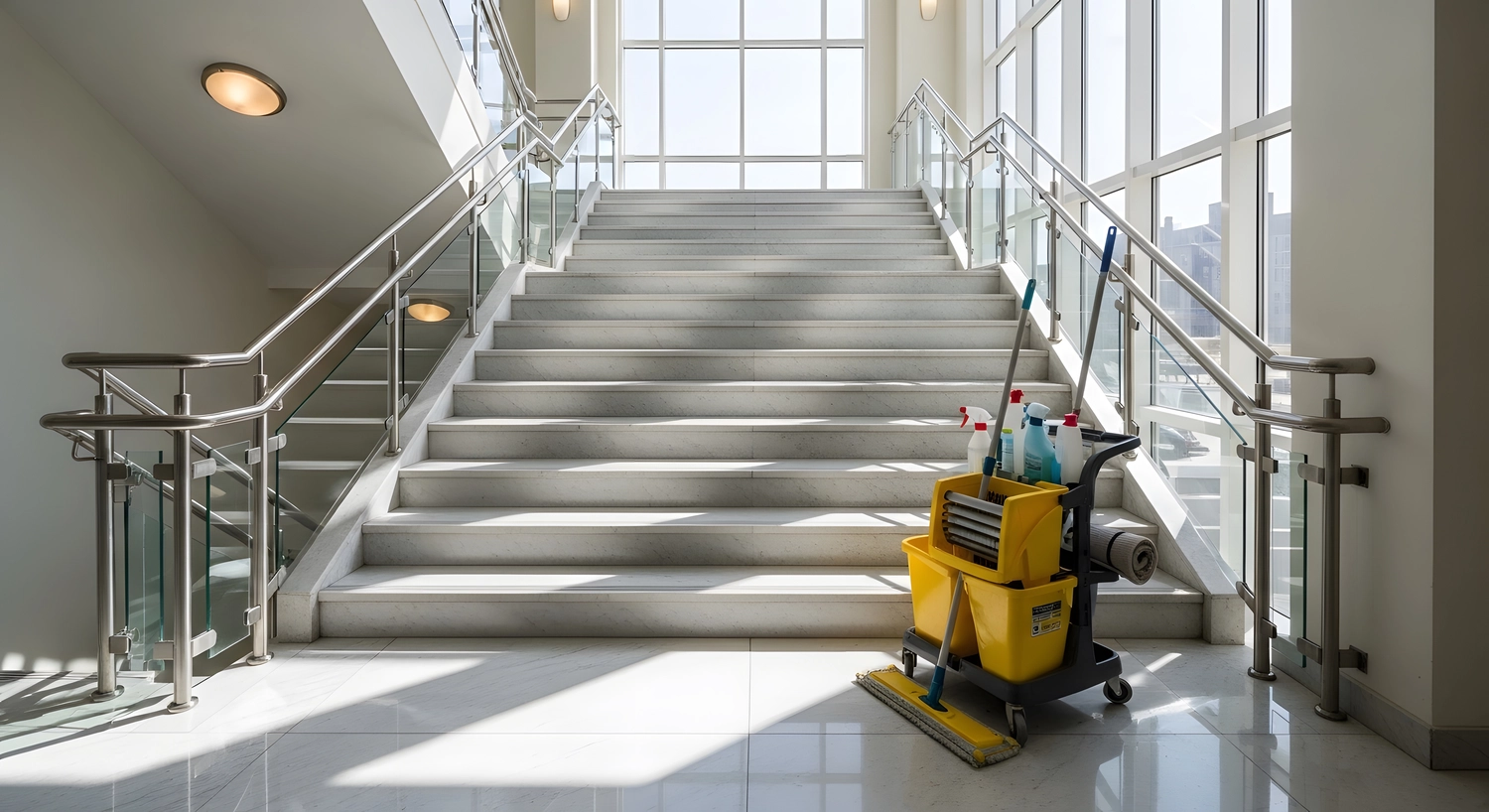 Astra Service - Reinigung - Professionelle Reinigungsgeräte in einem hellen Treppenhaus mit Tageslicht.